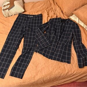 Tailored Navy Windowpane Plaid Pantsuit - Women Banana Republic